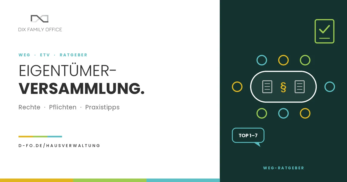 Illustration zur Eigentümerversammlung: Besprechungstisch mit Eigentümern, Beschlussunterlagen, Paragrafenzeichen und Abstimmungskarte
